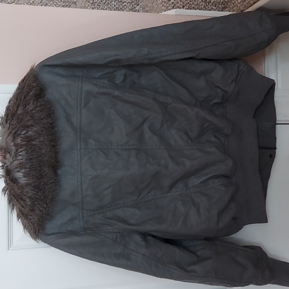 Dark Gray Faux Leather and Fur Bomber Jacket - Picture 2 of 3